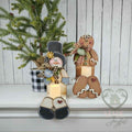 Snowman and gingerbread votive shelf sitters with LED candles, hand-painted in Brentwood, TN.