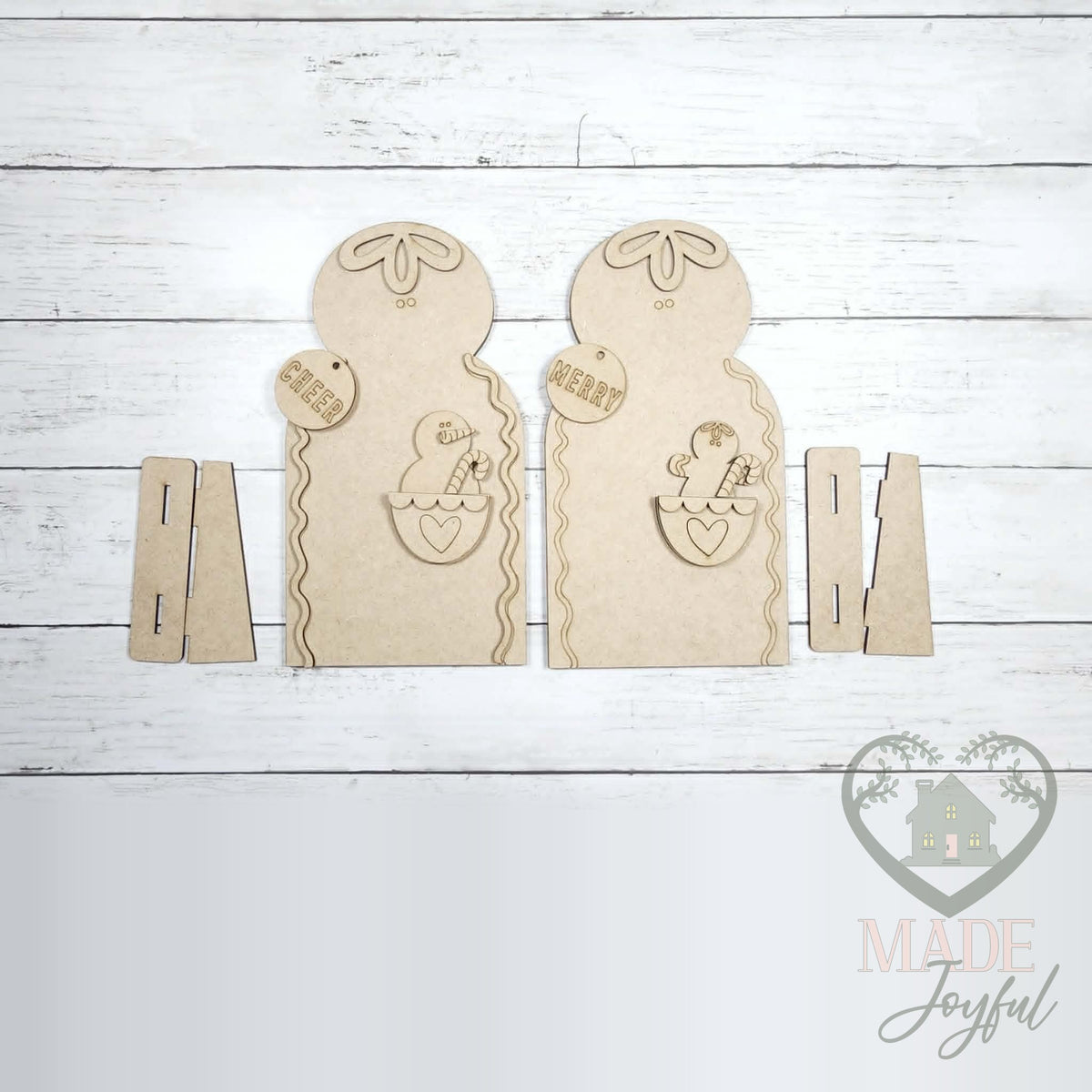 Unfinished laser-cut wood Pocket Gingerbread Shelf Sitters DIY kit, ready to paint at a DIY party in Williamson County, TN.