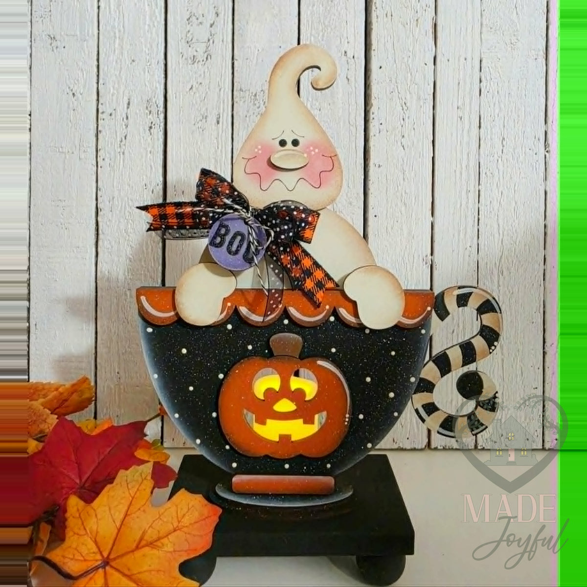 Ghost tea cup votive with jack-o-lantern and BOO tag, hand-painted in Brentwood, TN.