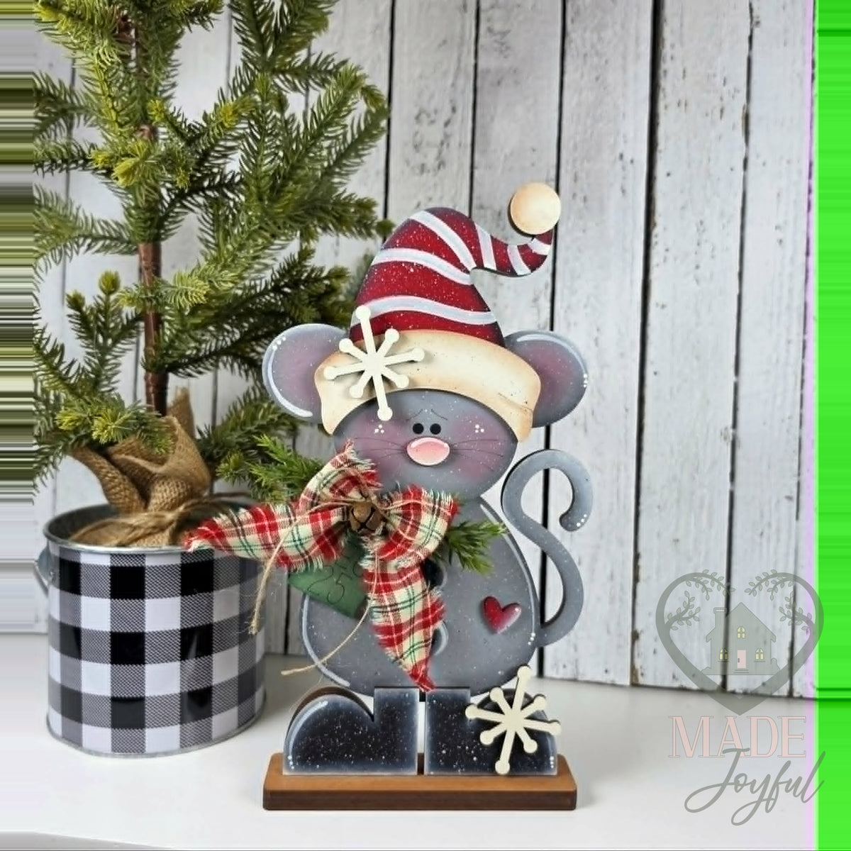 Pip the Christmas mouse with striped hat and plaid scarf, hand-painted in Brentwood, TN.