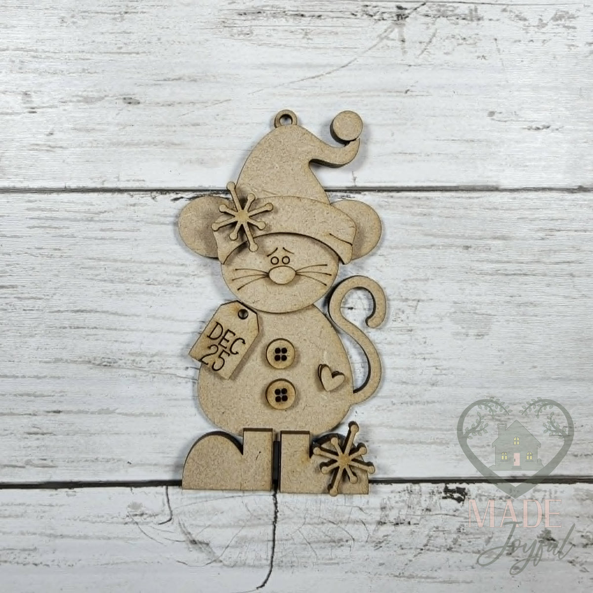 Unfinished laser-cut wood Pip the Christmas Mouse Shelf Sitter DIY kit, ready to paint at a DIY party in Williamson County, TN.