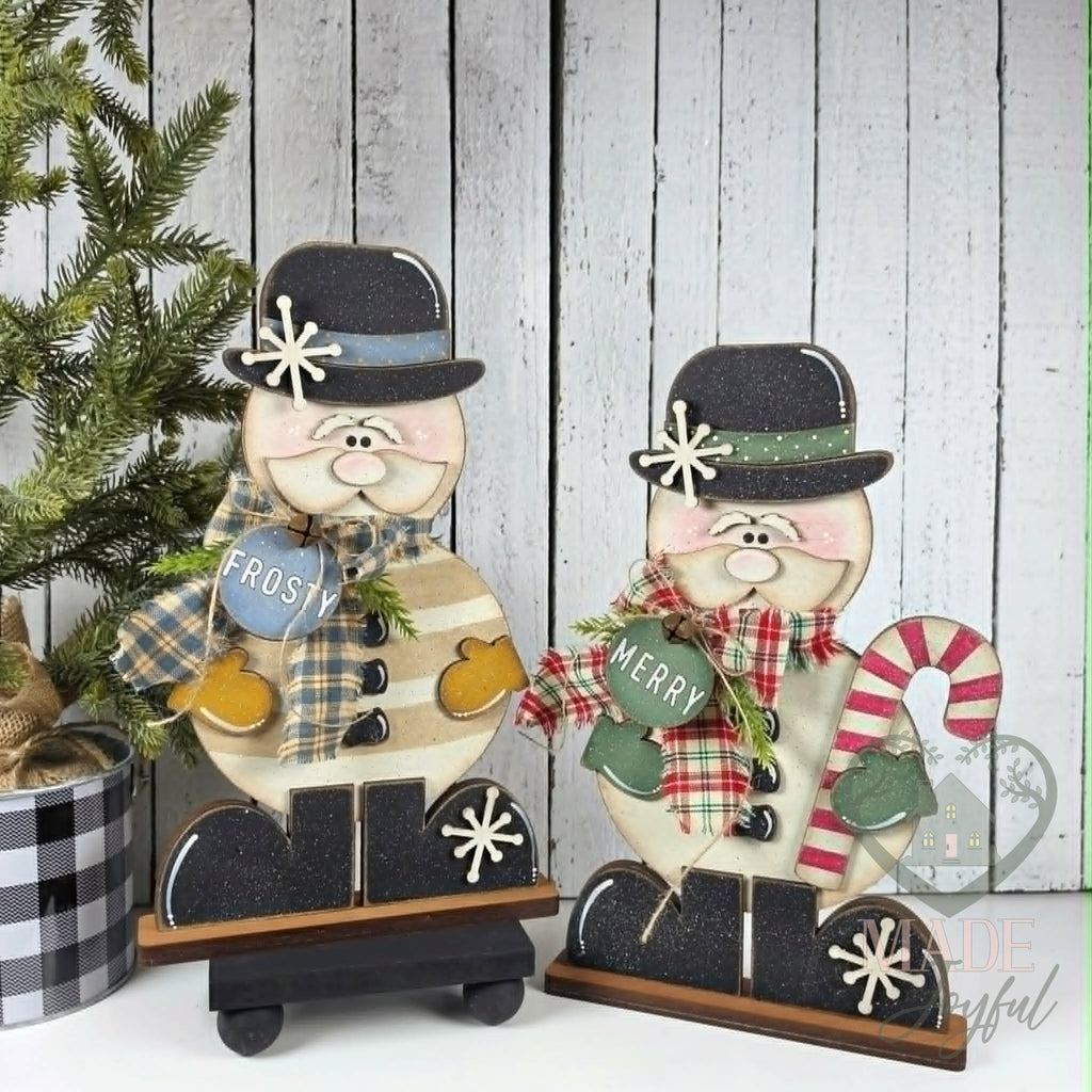 Pair of Sir Winston snowmen shelf sitters in top hats, hand-painted in Brentwood, TN.