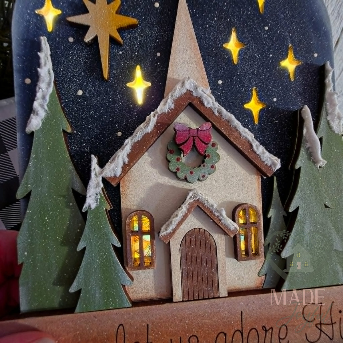 Close-up of the church glowing, hand-painted in Brentwood, TN.