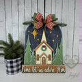 Come Let Us Adore Him church door hanger with navy sky and plaid bow, hand-painted in Brentwood, TN.