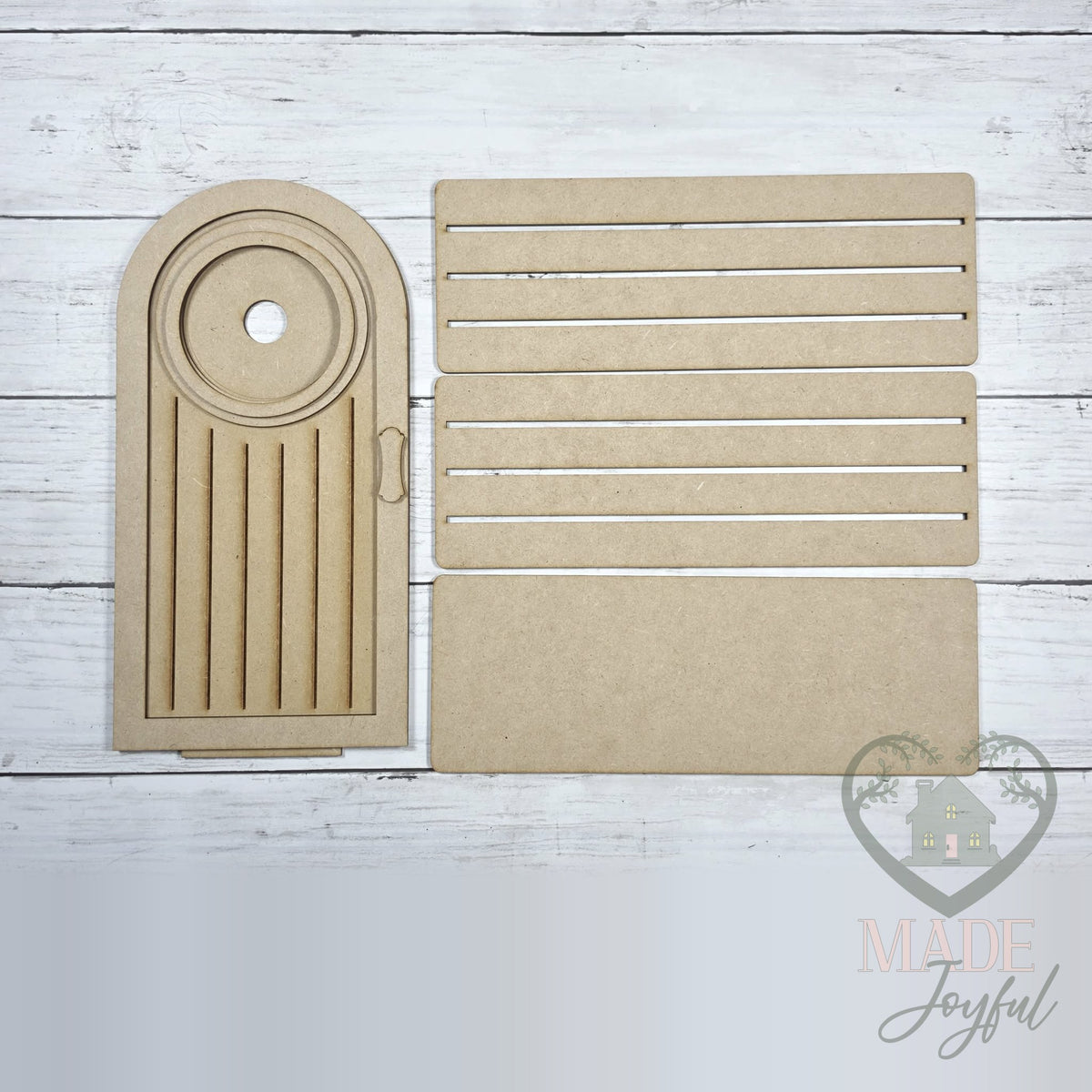Unfinished laser-cut wood Arched Mini Porch Door DIY kit, ready to paint at a DIY party in Williamson County, TN.