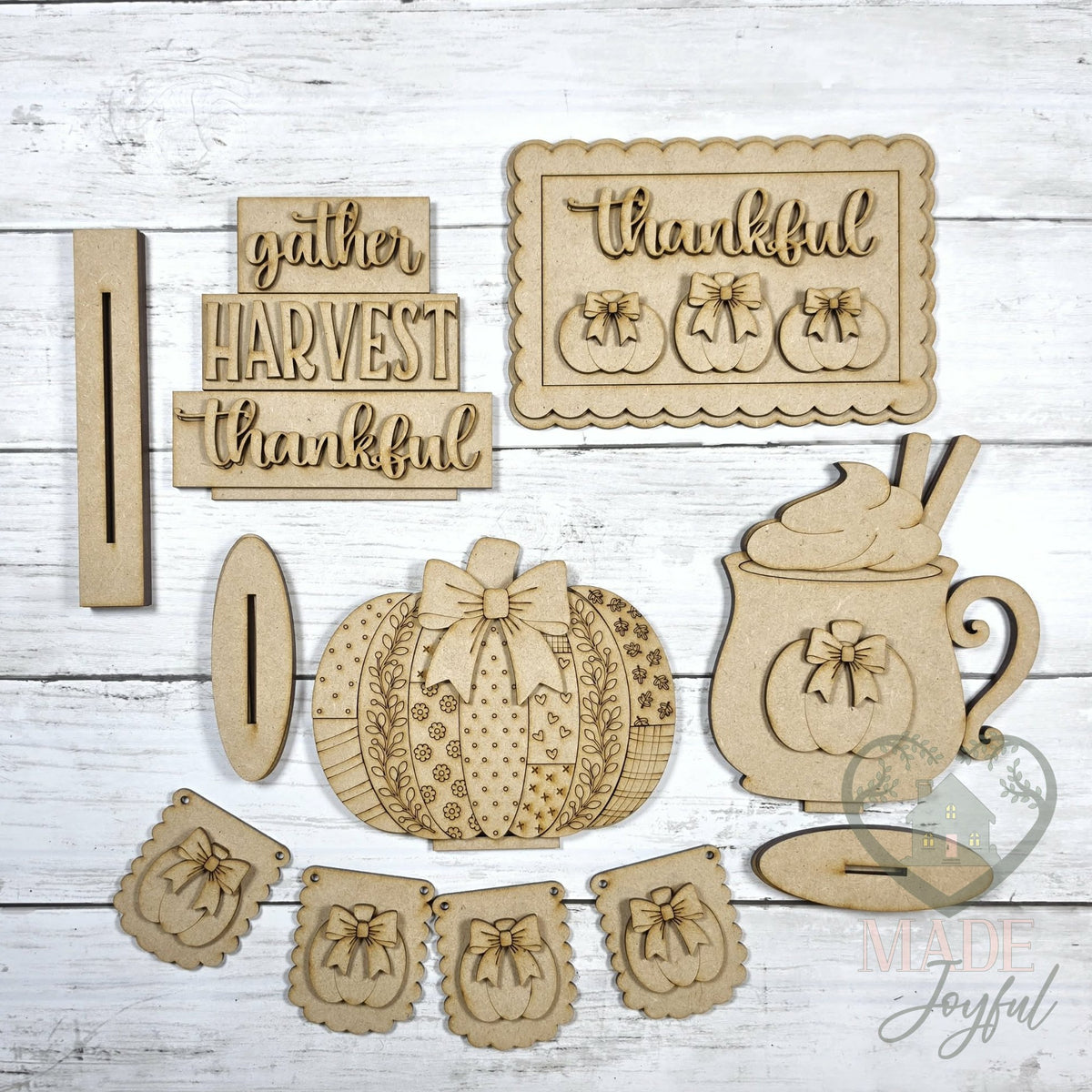 Unfinished laser-cut wood Thankful Tiered Tray Decor Set DIY kit, ready to paint at a DIY party in Williamson County, TN.