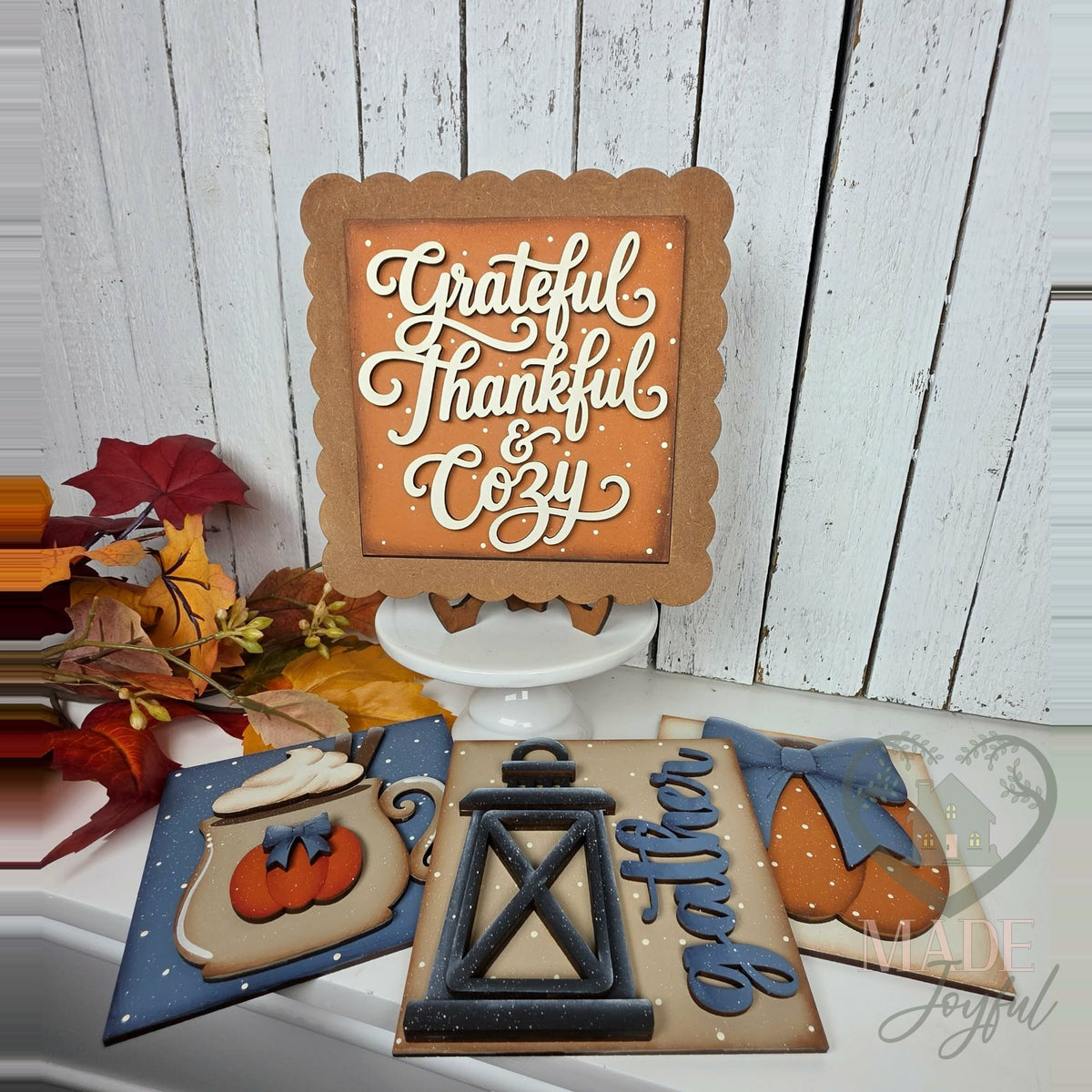 Thankful sign in a scallop frame with other fall signs, hand-painted in Brentwood, TN.