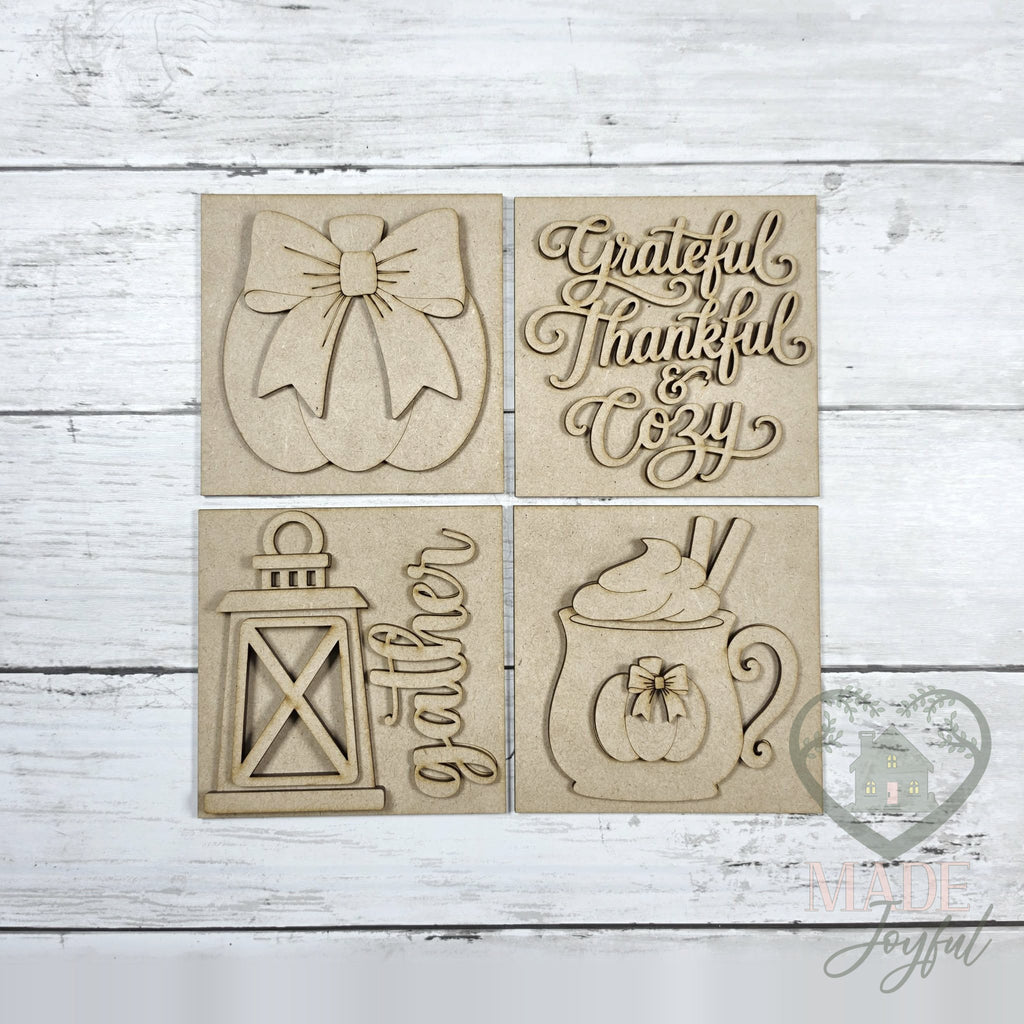 Unfinished laser-cut wood Thankful 4.25" Sign Set with Scallop Frame DIY kit (signs pieces), ready to paint at a DIY party in Williamson County, TN.
