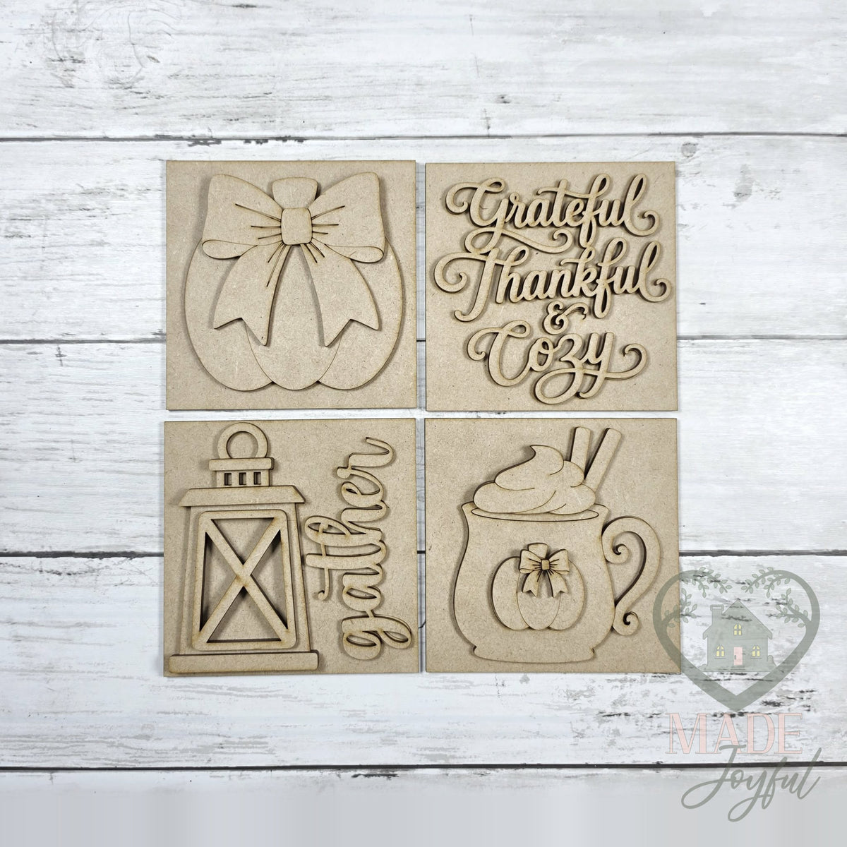 Unfinished laser-cut wood Thankful 4.25" Sign Set with Scallop Frame DIY kit (signs pieces), ready to paint at a DIY party in Williamson County, TN.