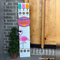 Welcome Summer interchangeable porch leaner with popsicles, a Welcome Summer sign, and a pink flamingo in sunglasses on a white wood base