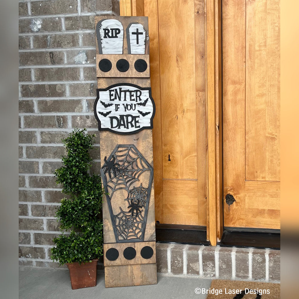 Enter If You Dare Halloween interchangeable porch leaner with tombstones, an Enter If You Dare sign, and a spider-web coffin on a stained wood base