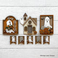 Hey Boo Halloween interchangeable bench decor set with a Hey Boo ghost sign, a haunted church, a framed ghost, and a ghost banner