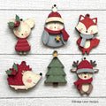 Woodland friends Christmas ornament set with a mouse, owl, fox, hedgehog, evergreen tree, and reindeer, hand-painted in Brentwood, TN