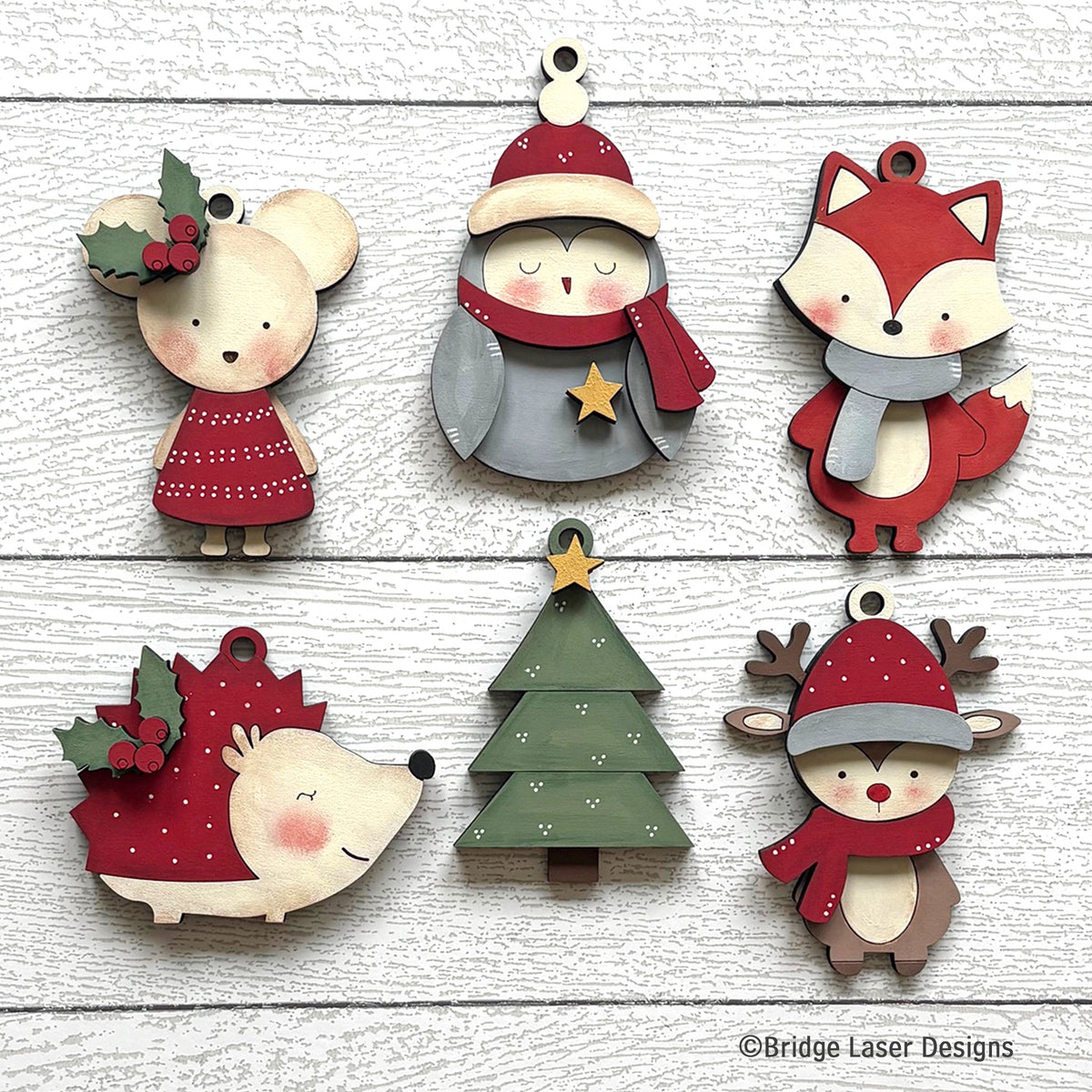Woodland friends Christmas ornament set with a mouse, owl, fox, hedgehog, evergreen tree, and reindeer, hand-painted in Brentwood, TN
