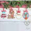 Retro Christmas ornament set: Merry & Bright bulb, sitting reindeer, Santa face, and reindeer oval with gingham bows, hand-painted in Brentwood, TN.
