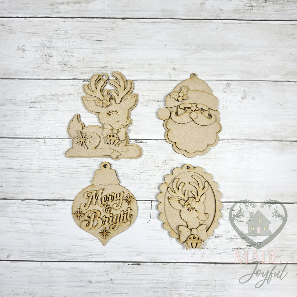 Unfinished laser-cut wood Retro Christmas Ornament Set DIY kit, ready to paint at a DIY party in Williamson County, TN.