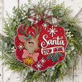 Red scalloped Santa Stop Here door hanger with a retro reindeer and jingle bell on a wreath, hand-painted in Brentwood, TN.