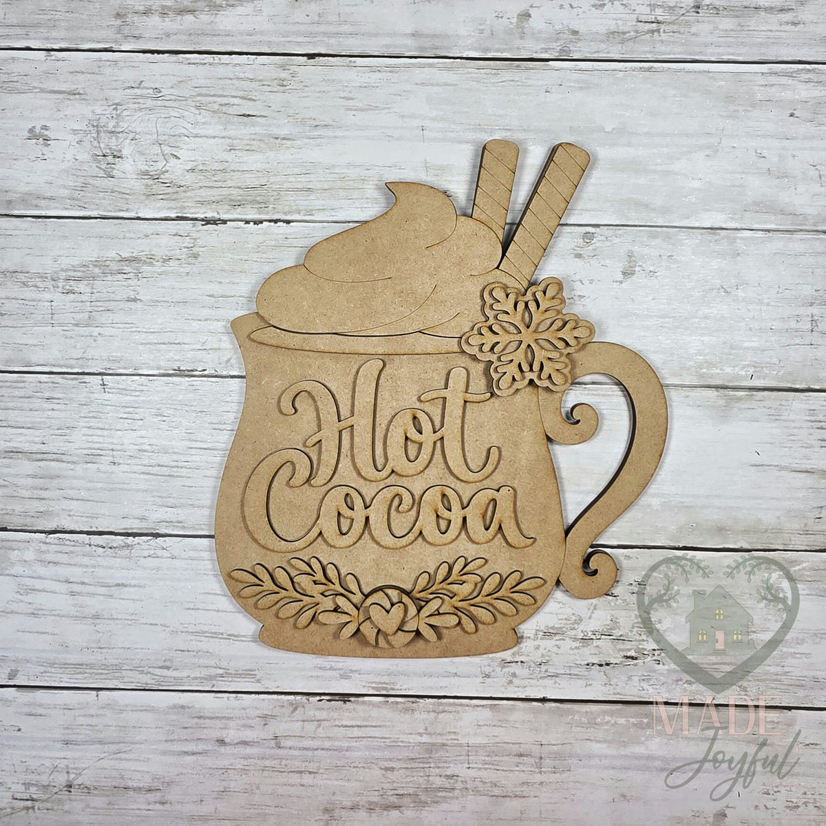 Unfinished laser-cut wood Hot Cocoa Mug Door Hanger DIY kit, ready to paint at a DIY party in Williamson County, TN.