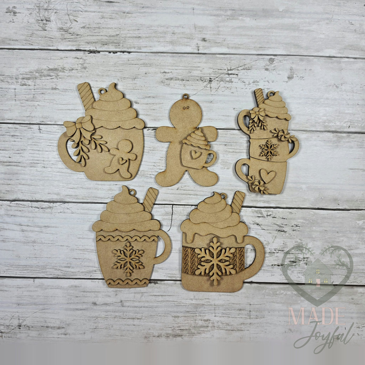 Unfinished laser-cut wood Hot Cocoa Ornament Set DIY kit, ready to paint at a DIY party in Williamson County, TN.