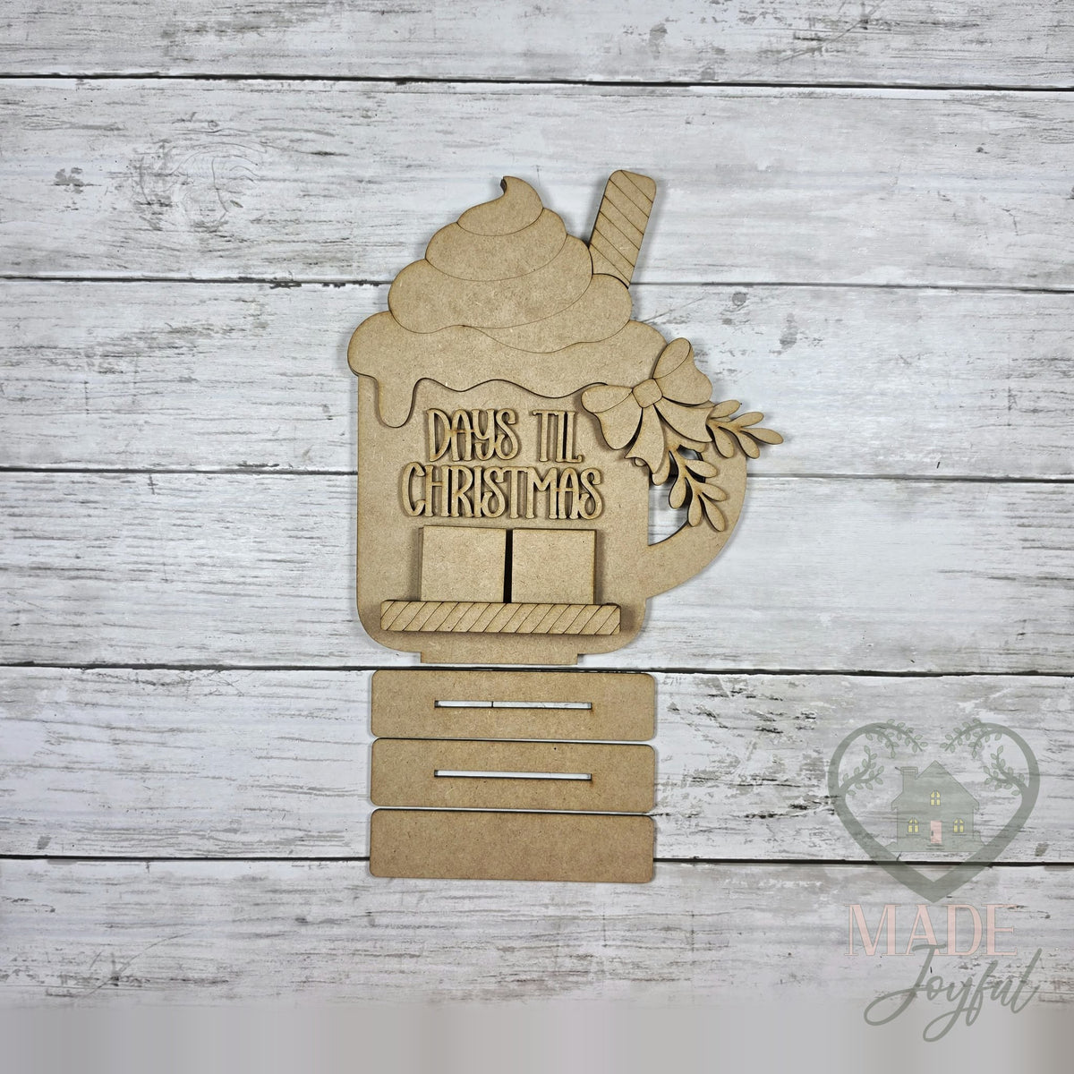 Unfinished laser-cut wood Hot Cocoa Christmas Countdown Mug DIY kit, ready to paint at a DIY party in Williamson County, TN.