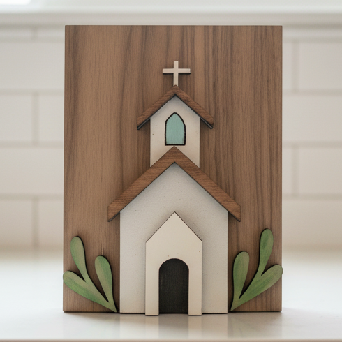 Country church with steeple and windows - insert for interchangeable frame or stand alone