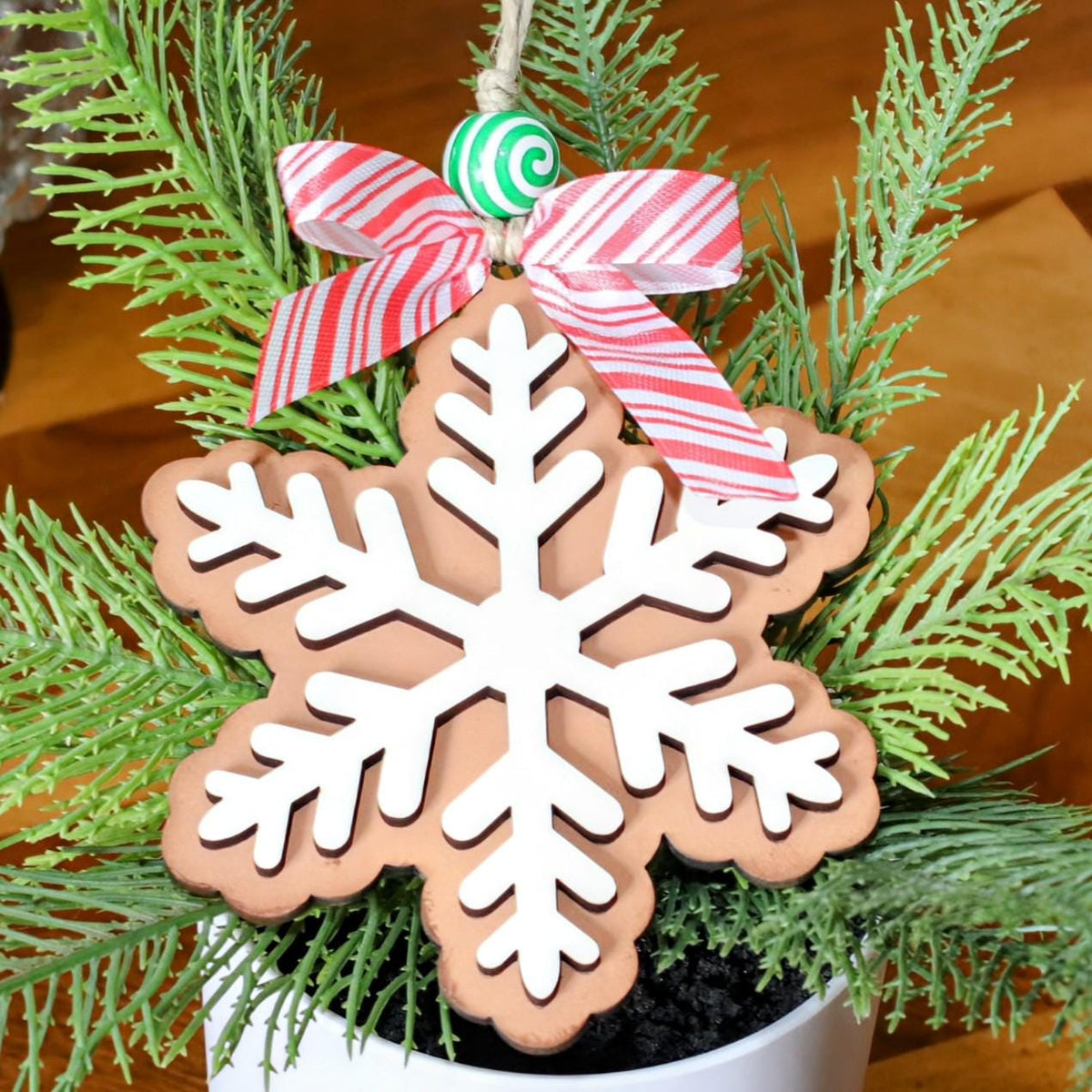 Hand-painted gingerbread cookie ornaments in heart, star and snowflake shapes with white icing details, hand-painted in Brentwood, TN.