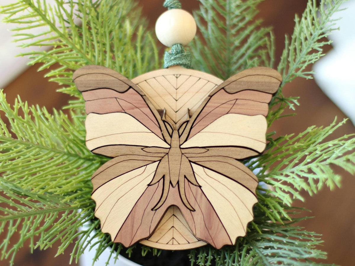 Handcrafted Wooden Butterfly Ornament: Intricate Holiday Decoration