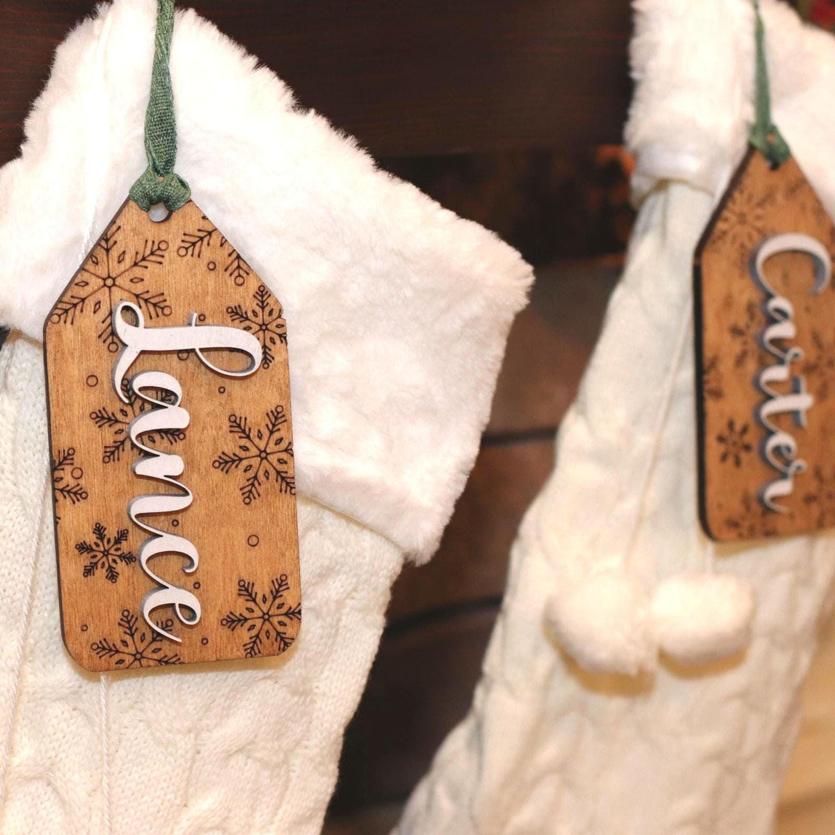 Personalized Stained Wood Stocking Tag: 3D Snowflake Christmas Decor