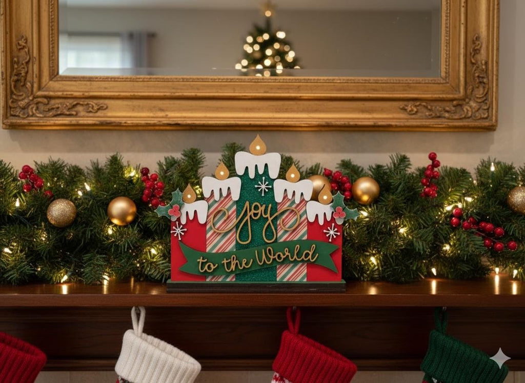 Joy to the World light up candle shelf sitter glowing with LED lights, hand-painted in Brentwood, TN.