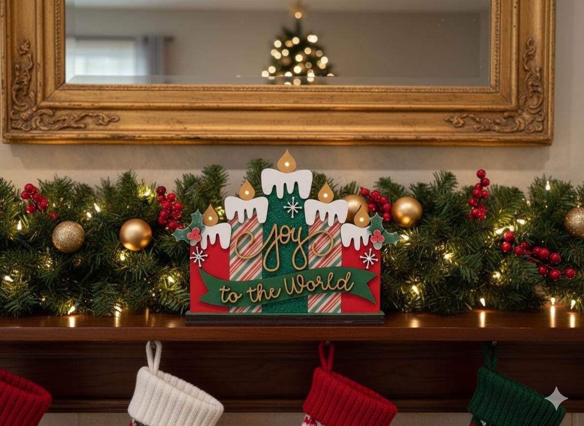 Joy to the World light up candle shelf sitter glowing with LED lights, hand-painted in Brentwood, TN.
