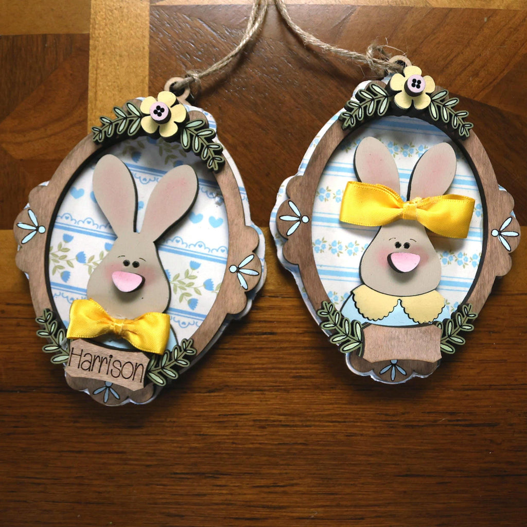 Personalized framed Easter basket tags with bunnies and bows, hand-painted in Brentwood, TN.
